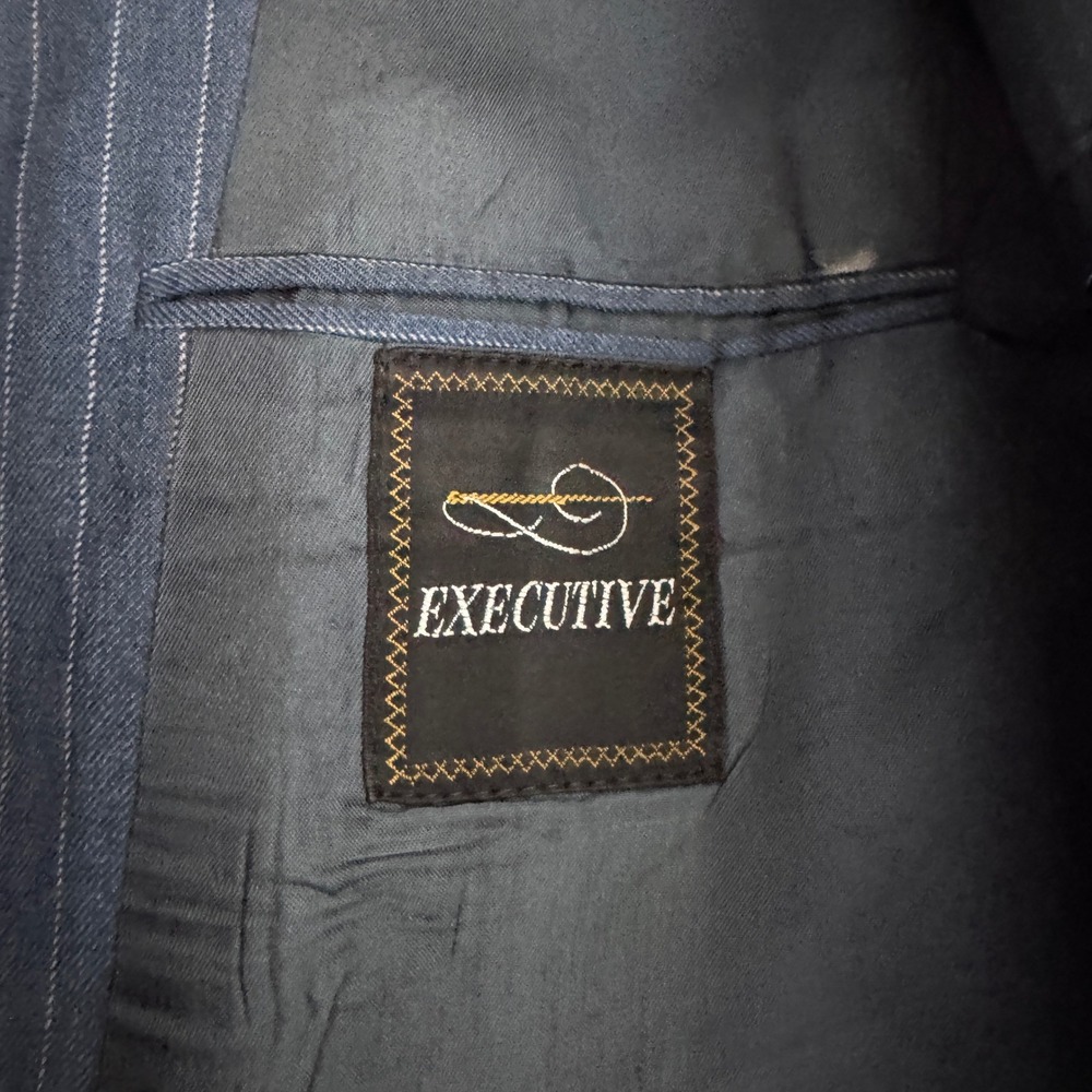 1970s Executive 3-Piece Suit Mens 44L 36x33 Blue Pinstripe Vintage Wool Blend - Picture 2 of 7